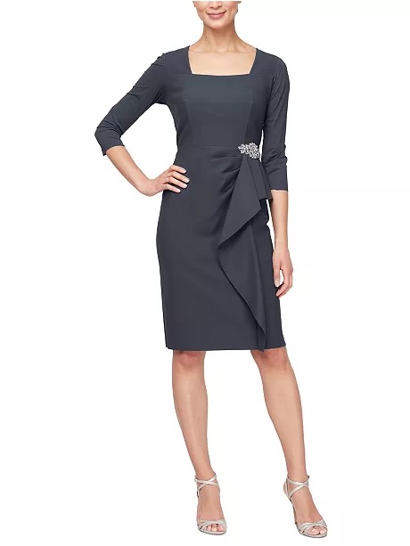 Nwt Alex Evenings Gray Square Neck Cascade Skirt Sheath Dress Size 8